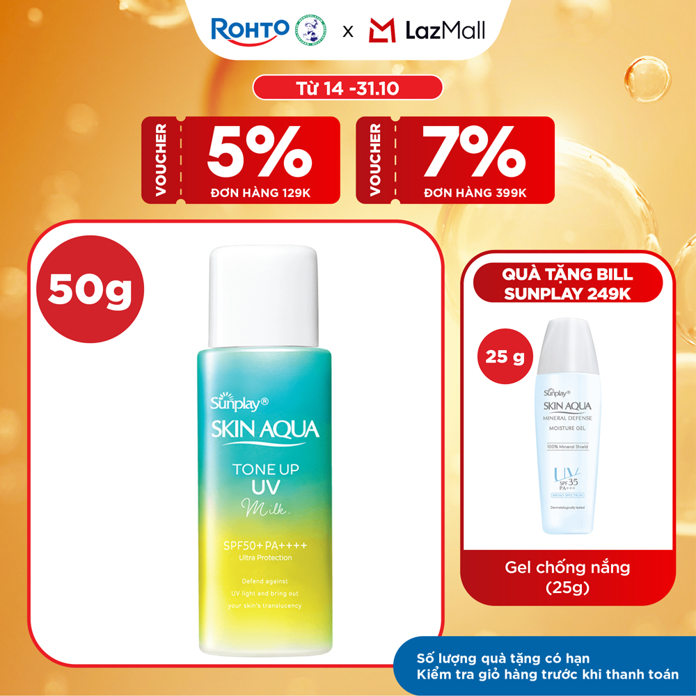 Kem chống nắng nâng tông Skin Aqua Tone up  Mint Green cho da trắng có khuyết điểm đỏ, dạng sữa Sunplay Skin Aqua Tone Up UV Milk Mint Green SPF 50+ PA++++ 50g