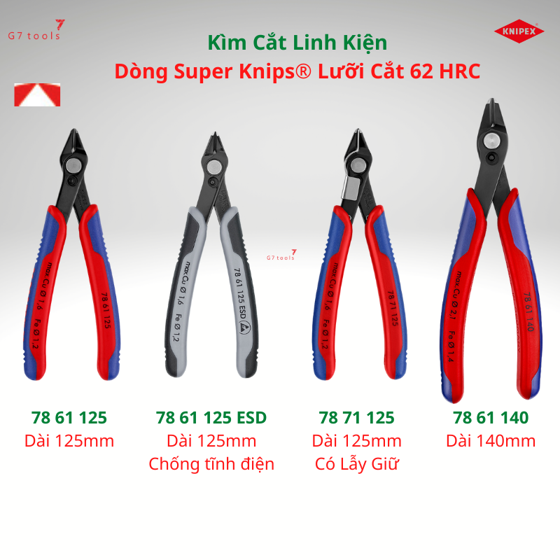 Kìm knipex super knips® cắt linh kiện điện tử, vật liệu mềm, dây rút lưỡi cắt tôi cứng 62 hrc mã 78 61 125 / 78 71 125/ 78 61 140