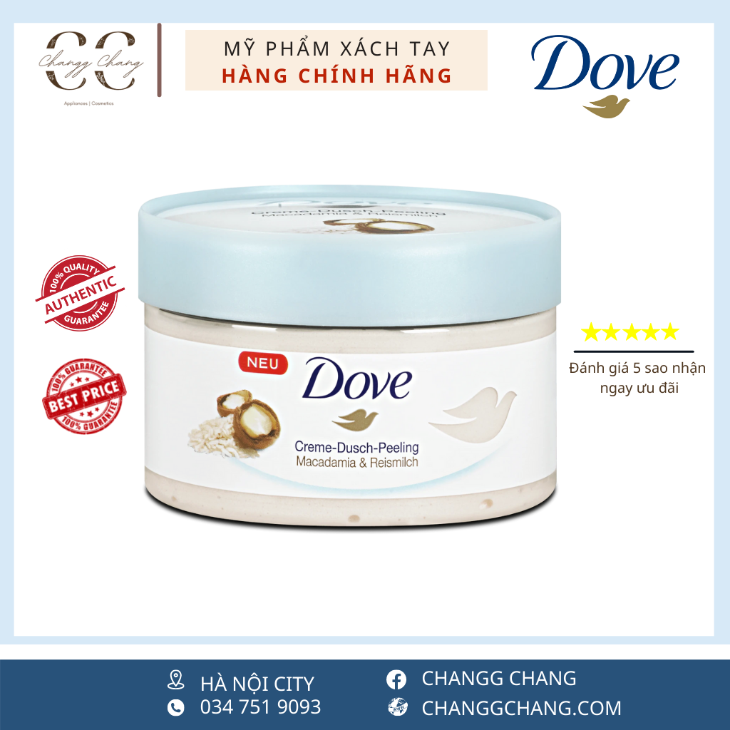 Tẩy tế bào chết Dove Đức - Maccadamia & Reismilch, tẩy tế bào chết body mắc ca và sữa gạo, dưỡng ẩm, làm mềm mịn da 225ml