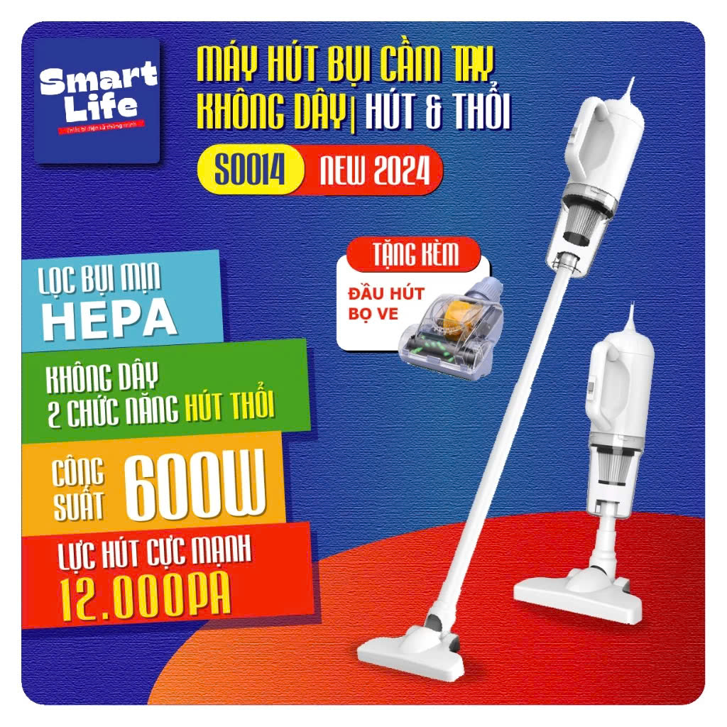 (HÚT THỔI 2IN1) Máy hút bụi cầm tay đa năng Smartlife S0014 lực hút mạnh 12.000Pa, tặng kèm Đầu hút giường nệm chuyên dụng