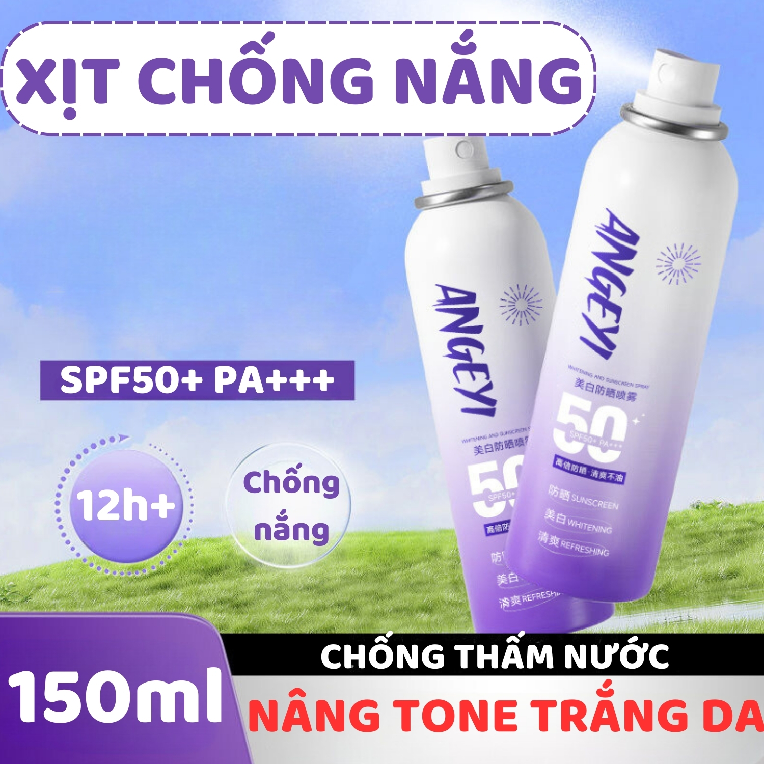 Kem Chống Nắng Dạng Xịt ANGEYI 150ml Trắng Da Nâng Tone Chống Nước, Xịt Chống Nắng Body Và Mặt SPF50+ PA+++ Bảo Vệ Da