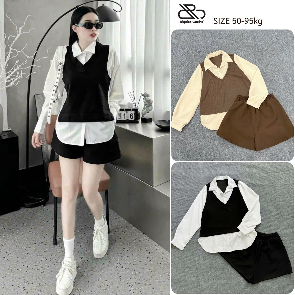 Set Bộ Bigsize Nữ Áo Sơ Mi Phối Gile Kèm Quần Đùi Dáng A lưng Cao Co Giãn Cho Chubby 50-95 - SET944