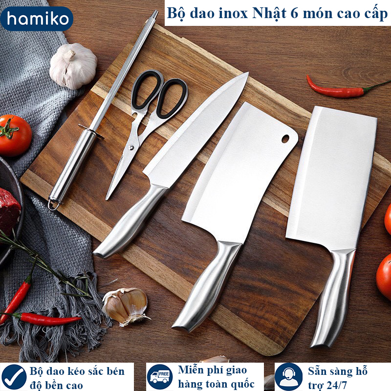 Bộ dao bếp inox Nhật 6 món cao cấp, bộ dao kéo inox đúc nguyên khối của Nhật - Hamiko