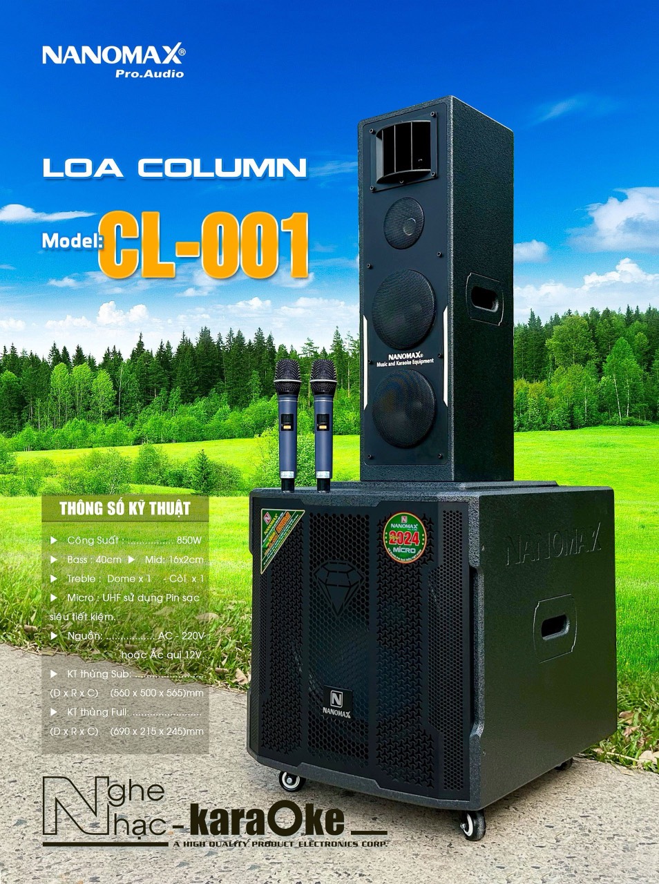 Loa Kéo Bình & Điện Nanomax CL_001 Bass Đôi 40cm 850w, 2 micro sử dụng pin sạc , 1 thùng sub, 1 thùn