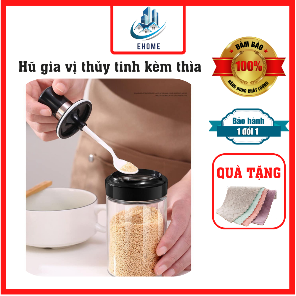 Hũ lọ đựng gia vị cao cấp loại đẹp bằng thủy tinh kèm thìa muỗng và nắp nhựa kín gắn liền