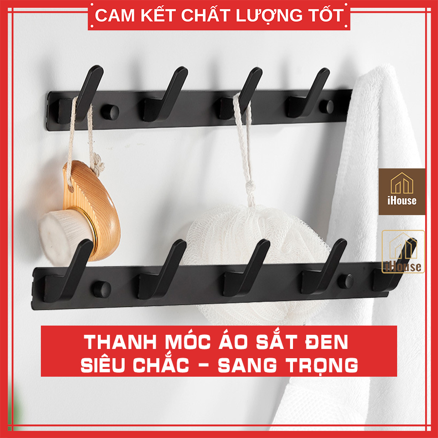 Thanh móc treo quần áo inox đen 5 móc 6 móc, Giá treo quần áo sau cửa dán hoặc bắt vít tường chắc chắn iHouse