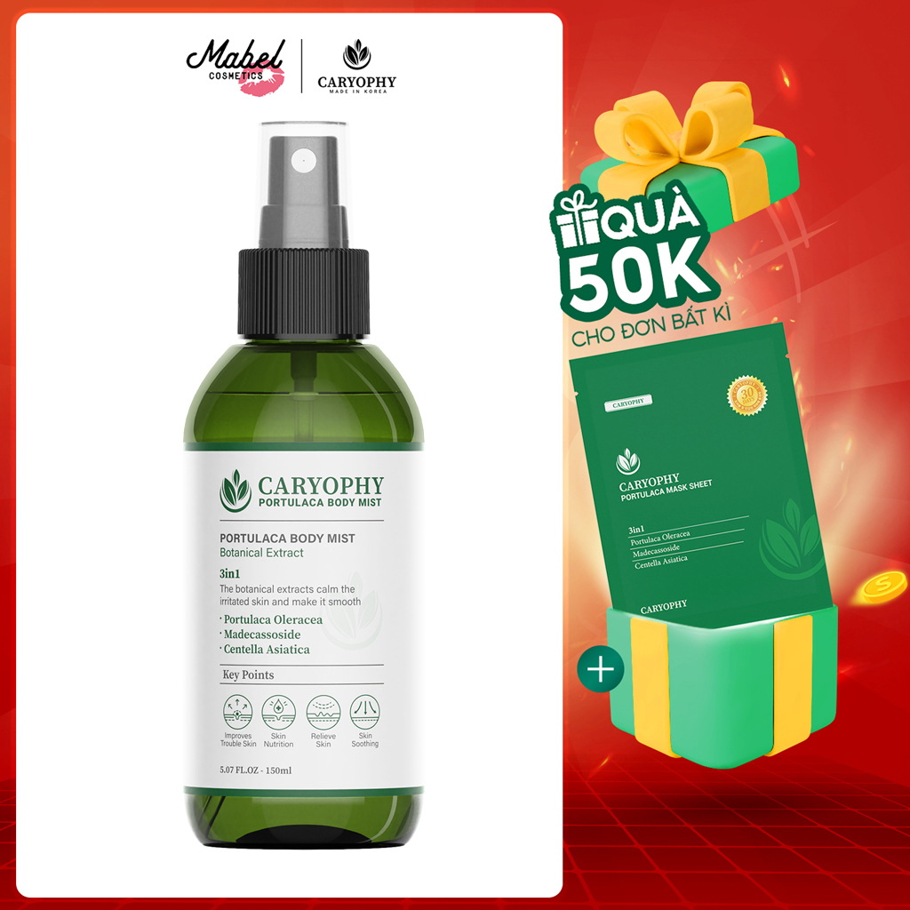 Xịt mụn lưng giảm mụn mờ thâm toàn thân Caryophy Portulaca Body Mist Không cồn Hàn Quốc 150ml