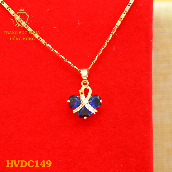 Vòng Cổ Nữ, Dây Chuyền Nữ Mặt Trái Tim 3 Lá Đính Đá Màu Xanh, Titan Xi Mạ Vàng Non 24k - Trang Sức Hava Hong Kong