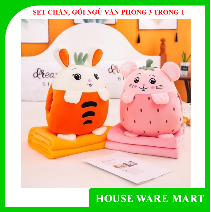 Sét chăn gối ngủ văn phòng 3 trong 1: làm mền gối ngủ cá nhân, gối tựa lưng khi ngồi ghế tàu xe, máy bay, có rãnh luồn tay tiện dụng cho mùa đông, thiết kế hình hoa quả siêu cute bằng chất vải nhung tuyết mềm mịn