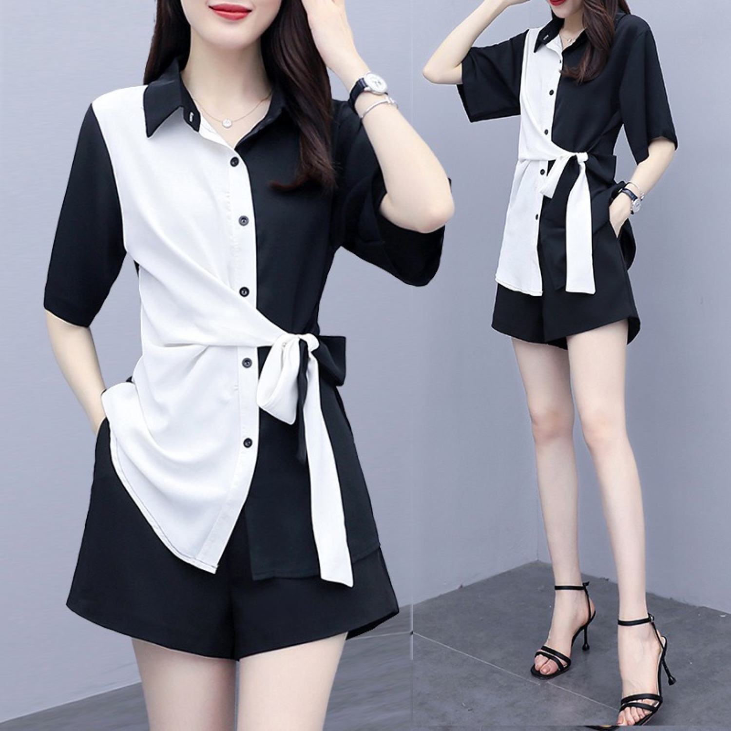 SQ031 Set áo sơ mi cộc tay thắt nơ eo quần đùi short Bộ quần áo thời trang nữ phối 2 màu trắng, đen tôn dáng