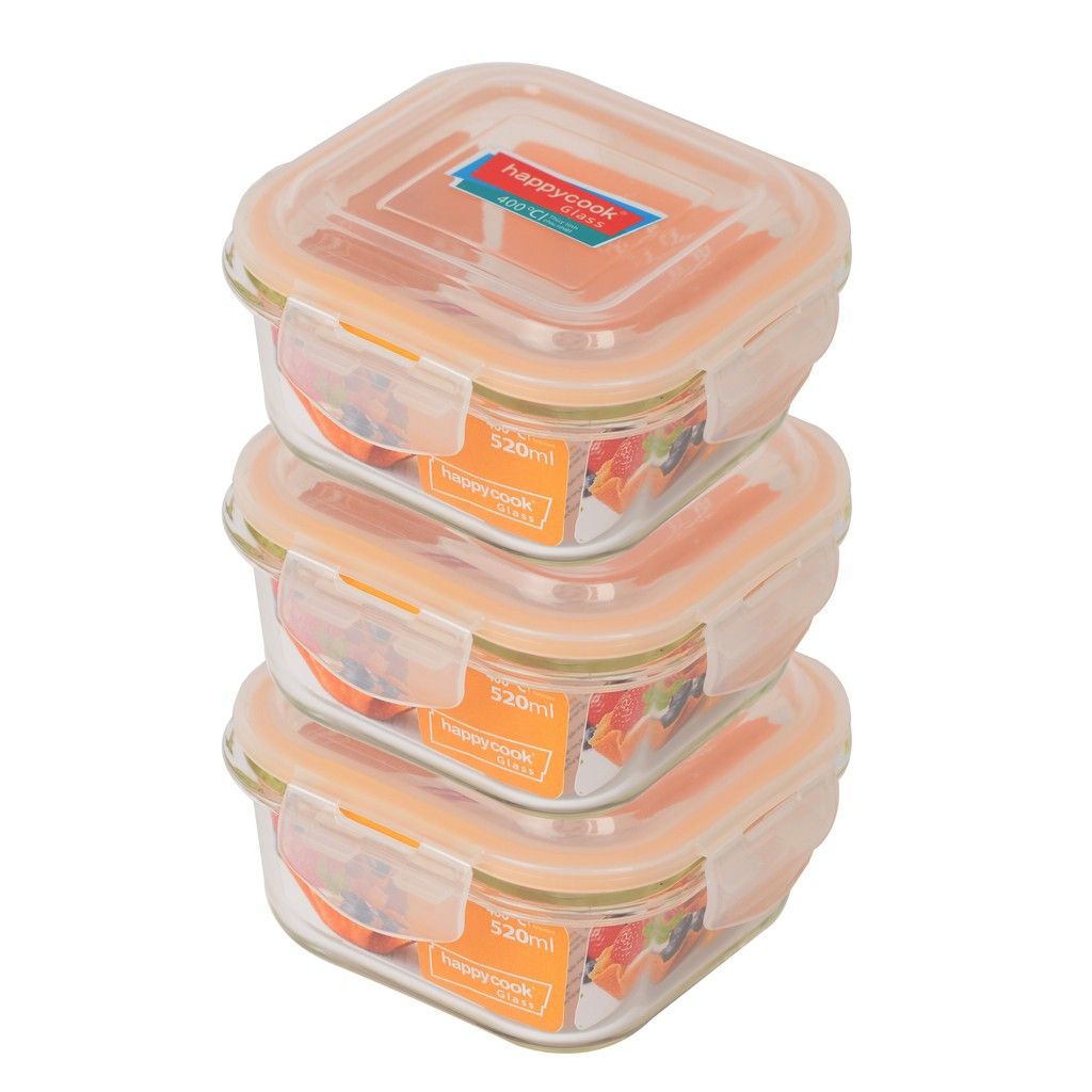 Bộ 3 hộp thủy tinh hình vuông 520ml kèm túi giữ nhiệt happy cook glass hcg-03shm