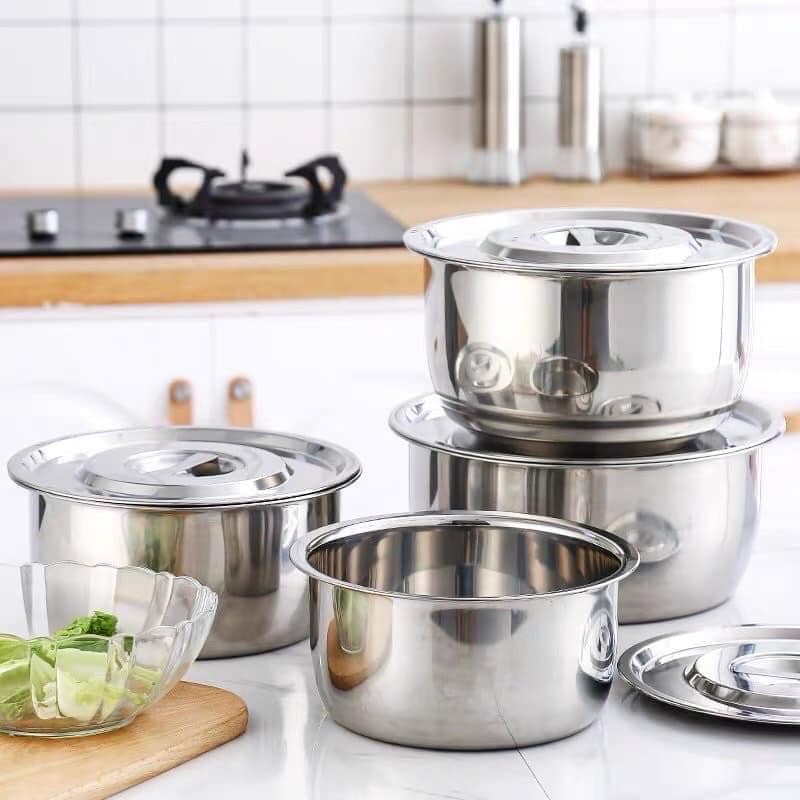 Bộ 5 Nồi Inox Không Quai Sáng Bóng Kèm Nắp Đủ Size 16-18-20-22-24 cm - dùng được trên bếp từ