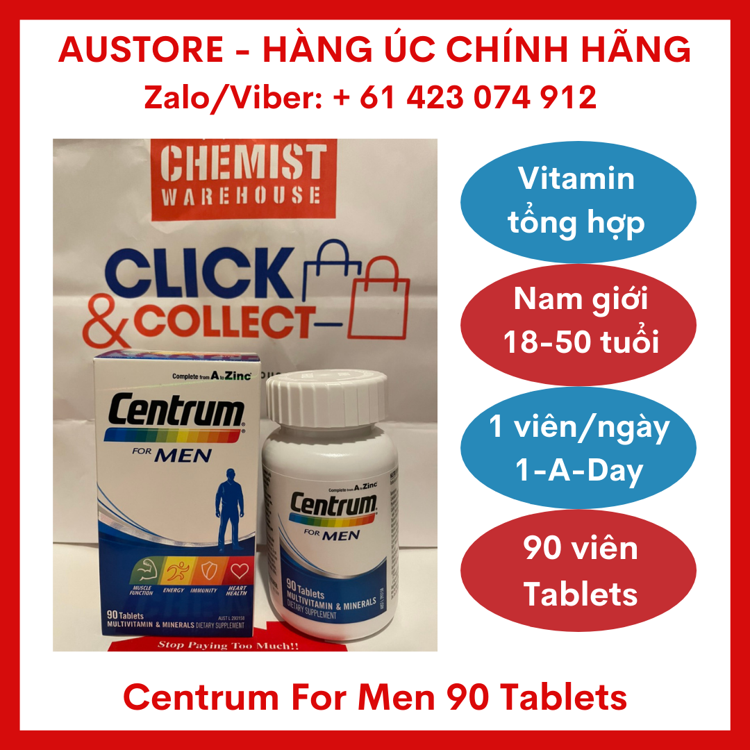 [Bill Úc, Date mới] Vitamin tổng hợp Centrum cho nam giới - CENTRUM FOR MEN 90 Tablets - từ 50 tuổi trở xuống