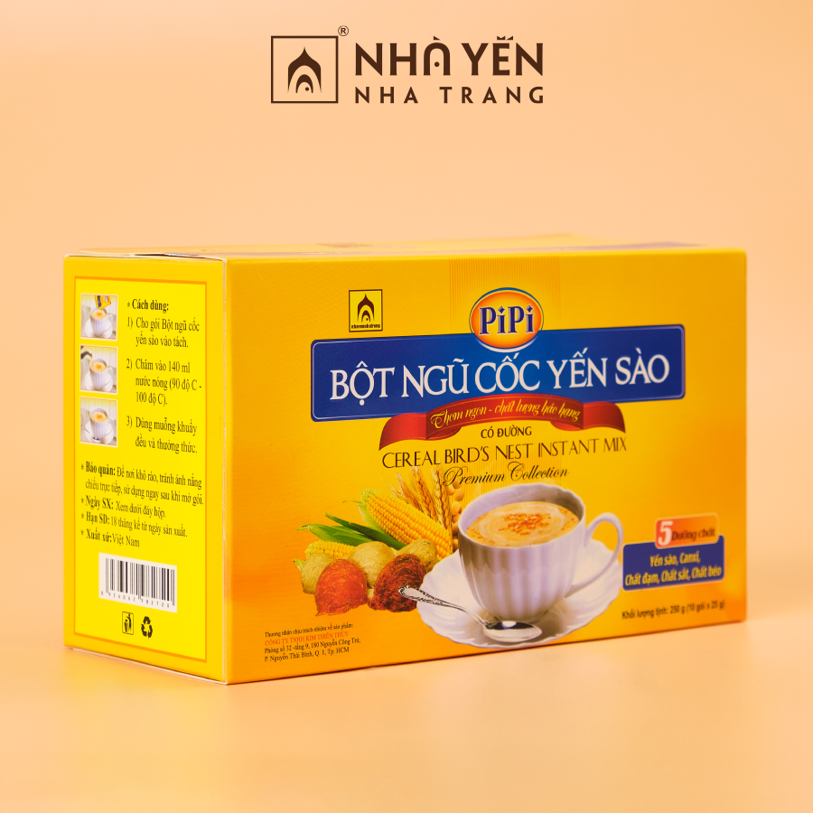 Bột ngũ cốc yến sào PiPi - Nhà Yến Nha Trang -  Hộp 10 gói - Bột ngũ cốc dinh dưỡng ăn sáng