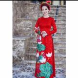 Áo dài gấm đỏ in hoa sen + mấn không kèm quần