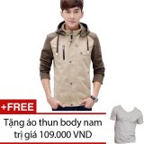 Áo khoác kaki nam nón nâu phối dây kéo + Tặng 1 áo thun body nam