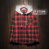 [4.4 HOÀN TIỀN 15%]Áo Khoác Unisex Kiểu Dáng Sơ Mi Caro Đỏ Đen Phối Nón Xám Cá Tính - 2T Store