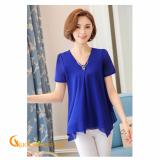 Áo nữ áo kiểu kết cườm ngắn tay cổ v móc kim loại GLA103-Blue