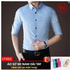 Áo sơ mi nam dài tay, mềm nịn, không nhăn (Mầu xanh nhạt) + Tặng kèm cáp sạc điện thoại Androi bọc dù (Mầu ngẫu nhiên)