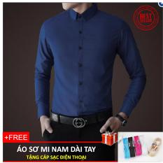 Áo sơ mi nam dài tay, mềm nịn, không nhăn (Mầu xanh thẫm) + Tặng kèm cáp sạc điện thoại Androi bọc dù (Mầu ngẫu nhiên)