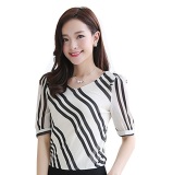 Áo sơ mi sọc xéo phối bo tay ngắn