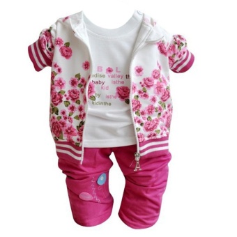 Baby Peony Coat + Long Sleeve T-shirt+ Pants Clothes Set(Rose Red)(80) - intl  