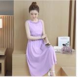 Đầm maxi nút bọc eo thun nhún cổ