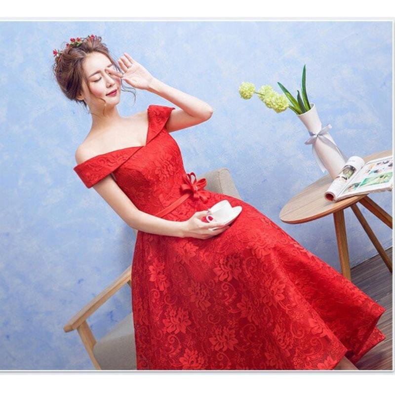 Nơi bán Đầm Ren Xòe Trễ Vai Dây Đan Chéo Lưng - Kèm Nơ Hoa Eo Hana Fashion ( Đỏ)