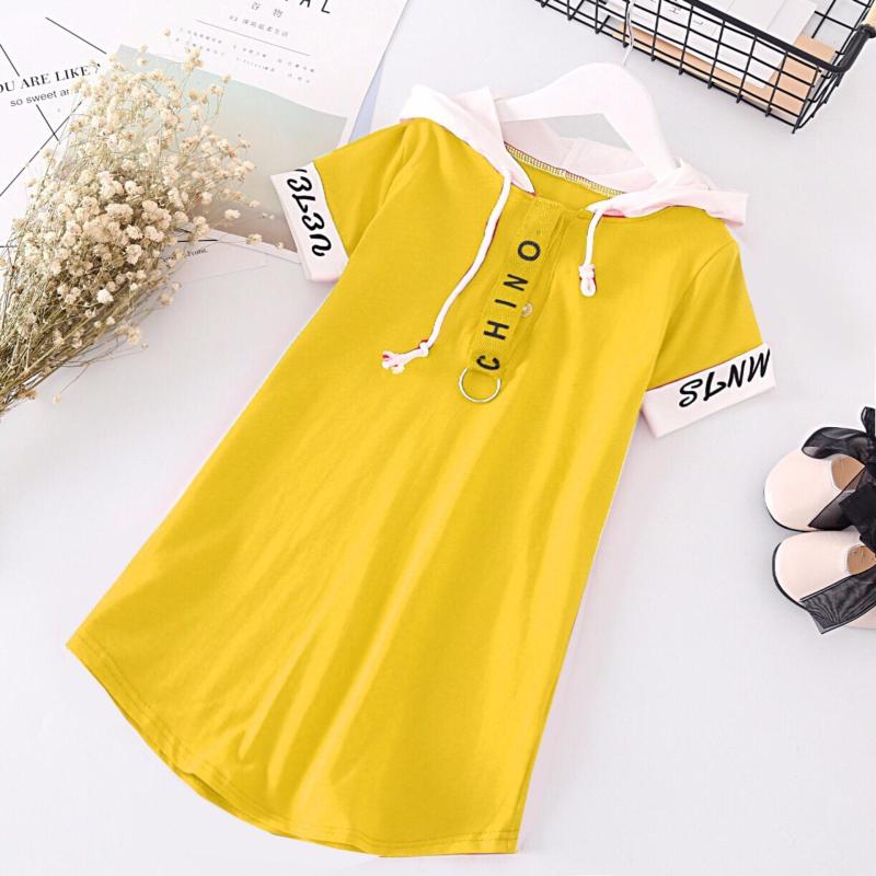 Nơi bán Đầm thun phối nón in chữ fom A - màu vàng cải