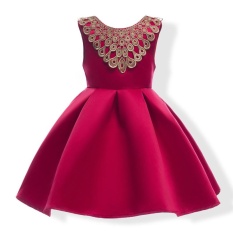 Nơi Bán Girl’s Princess Skirt European and American Gold Lace Inlay Dress – Red – intl  NanXiangZi