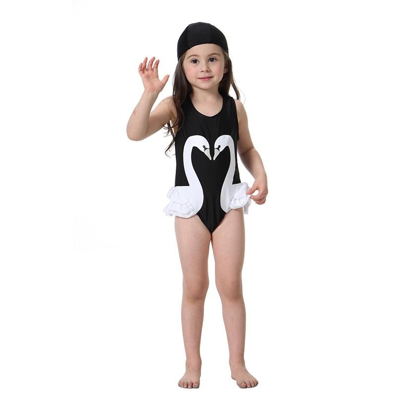 Nơi bán INS Fashion Cute Girls Beach Swimming Wear Swan Printing One-piece Swimsuit with Hat- Black - intl