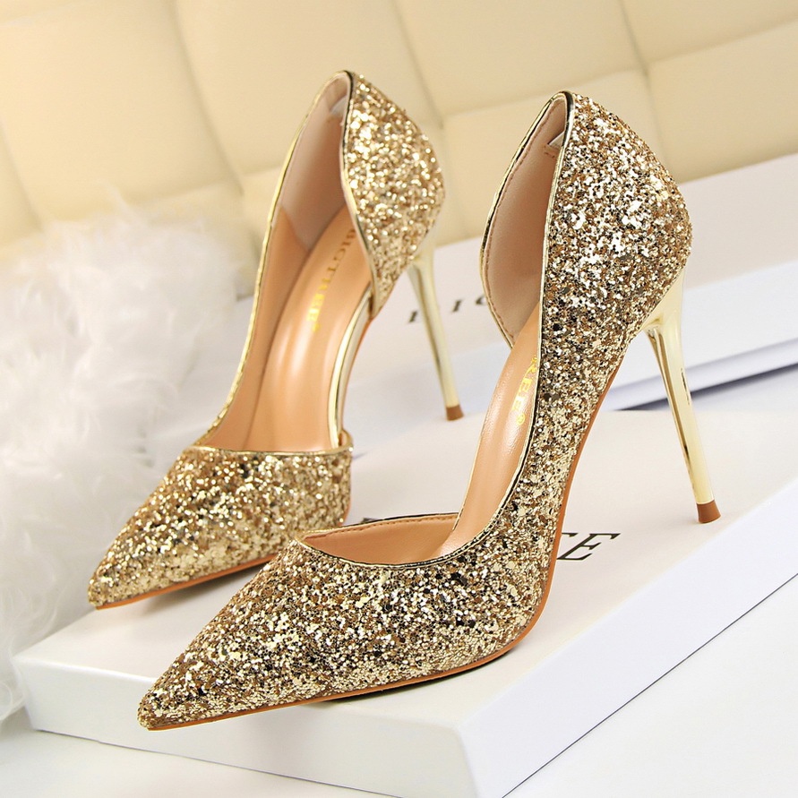 Kim sa lấp lánh thời trang giày cao gót mũi nhọn đế bơm bít giày cao gót dự tiệc nữ giày 9.5cm 3.7inch plus size giày cưới cô dâu