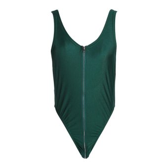 Lady Unpadded Long Zipper Backless One-piece Swimsuit (Green)(M) - intl  