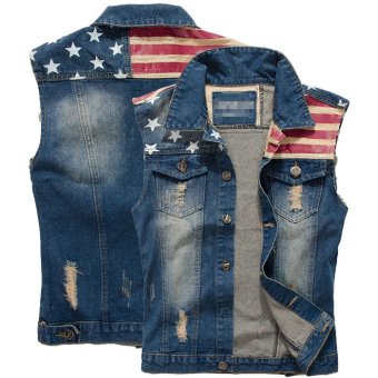 Men's Denim With Holes Back Star Sleeveless Vest Waistcoats(Color:US Flag) - intl  
