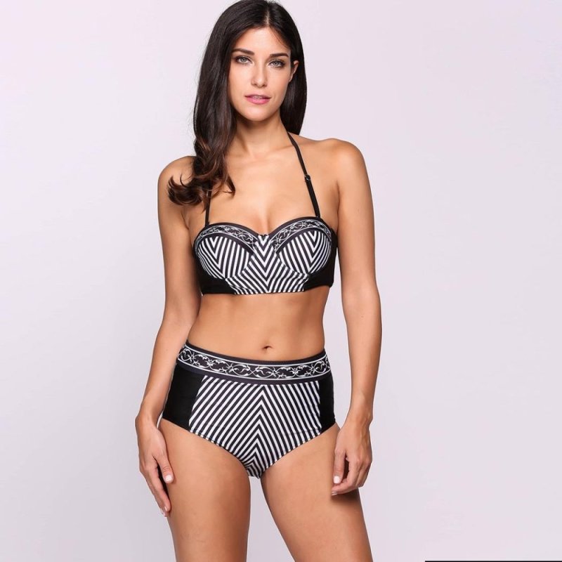 Nơi bán MG Women Striped Underwire Push Up High Waist Bikini Set Swimwear
(Black) - intl