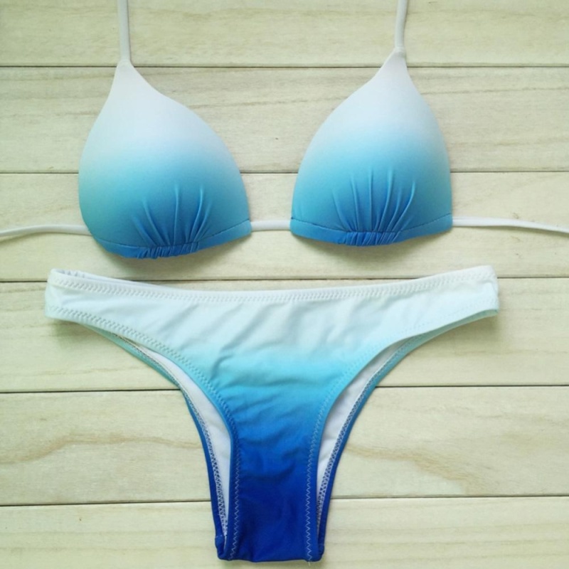 Nơi bán Moonar Women White+Blue Summer Gradient Push-up Bikini Set Low Waist Swimsuit Swimwear - intl