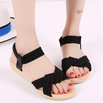 Qizhef Ladies Simple Style Stripe Comfortable Flat Sandals (Black) - intl  