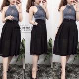 Quần lửng ống rộng chiffon 2 lớp giả váy màu đen