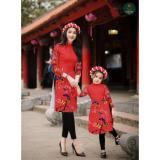 Sét áo dài gấm cách tân mẹ & bé in họa tiết bướm hoa đào kèm mấn mzad334