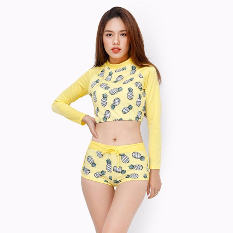 Nơi bán Set đồ bơi tay dài chống nắng họa tiết trái thơm màu vàng