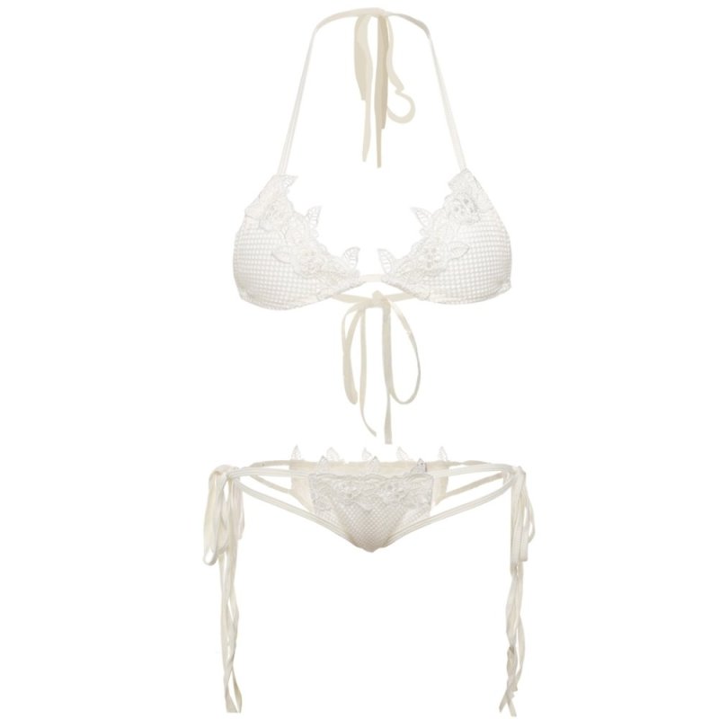Nơi bán Sexy Women Crochet Lace Halter Bikini Set (Beige)