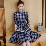 Váy đầm xòe liền thân dài tay thắt eo kẻ ca rô GLV019-Grey