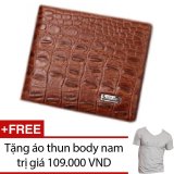 Ví nam da bò thật vân cá sấu hàng nhập cao cấp + Tặng 1 áo thun body nam