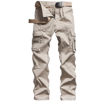 Xialu Men's Plus Fertilizer Straight Mid-waisted Long Cargo Pants Beige(Belt not include) - intl  