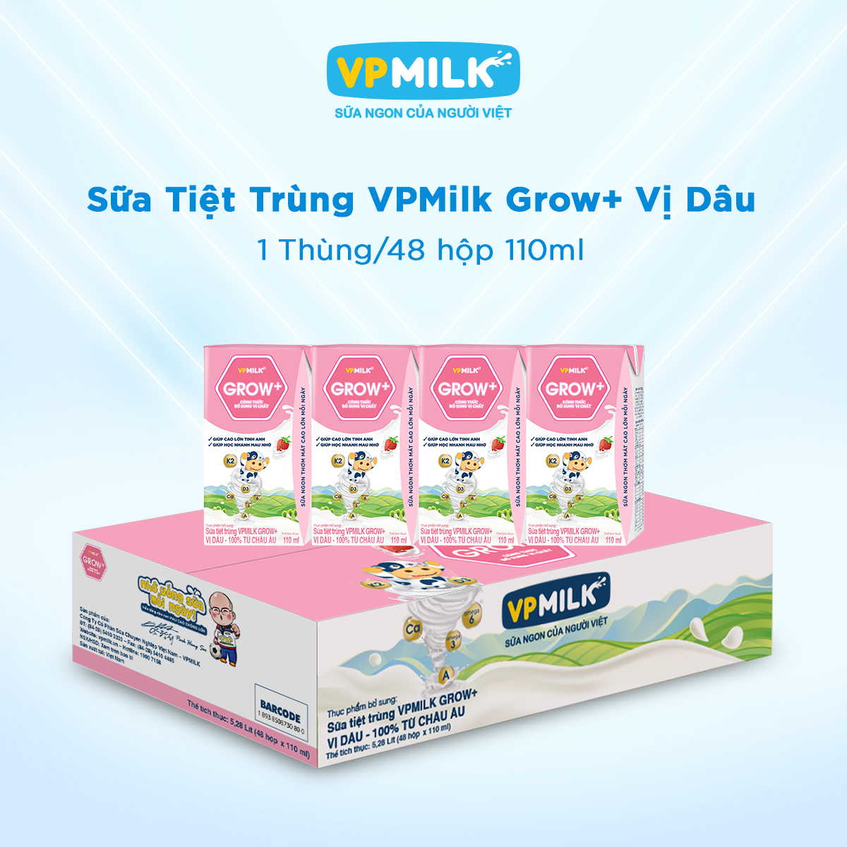 [Thùng 48 Hộp 110ml] Sữa Tiệt Trùng VPMilk Grow+ Vị Dâu Cho Bé Từ 1 Tuổi