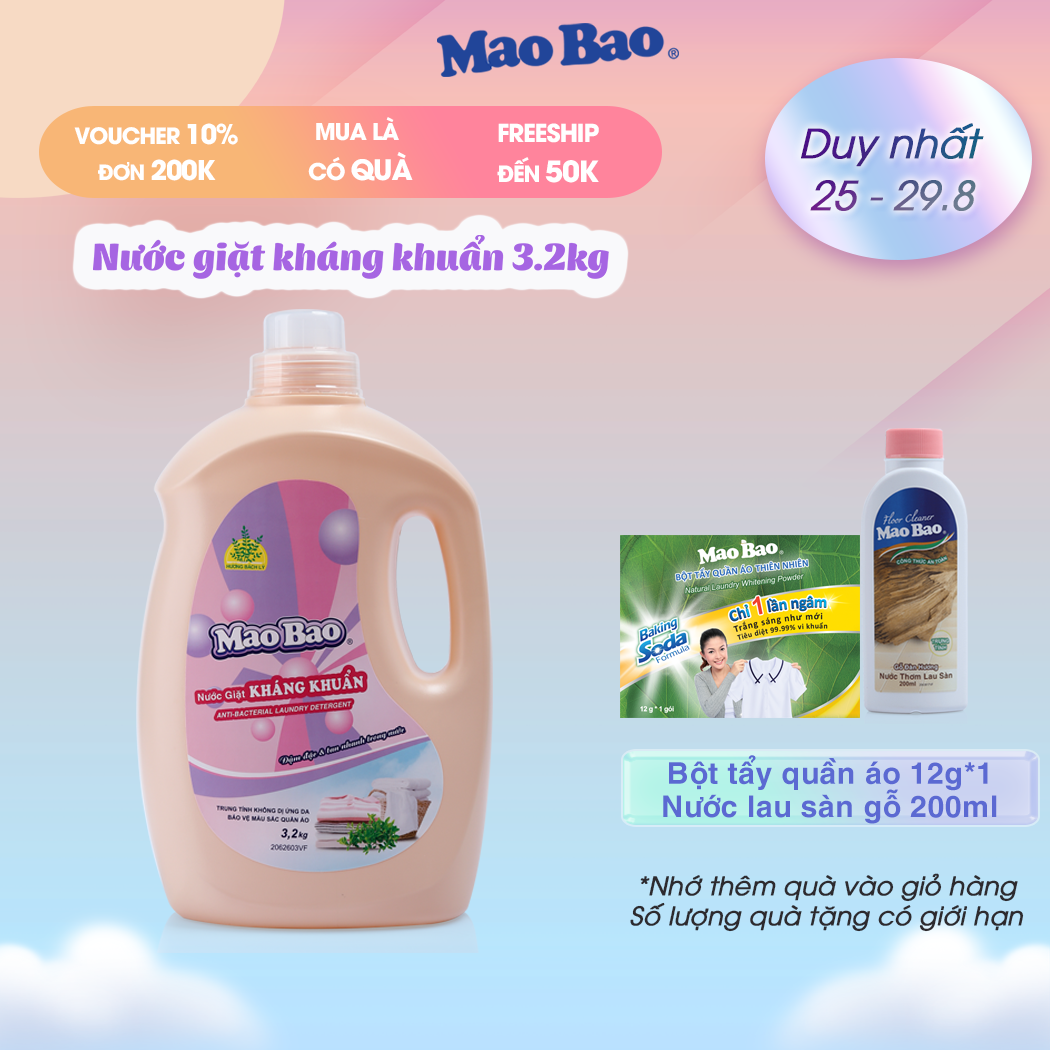 Nước giặt kháng khuẩn Mao Bao chai 3.2Kg hương hoa bách lý khử mùi, dễ giặt xả, dành cho da nhạy cảm