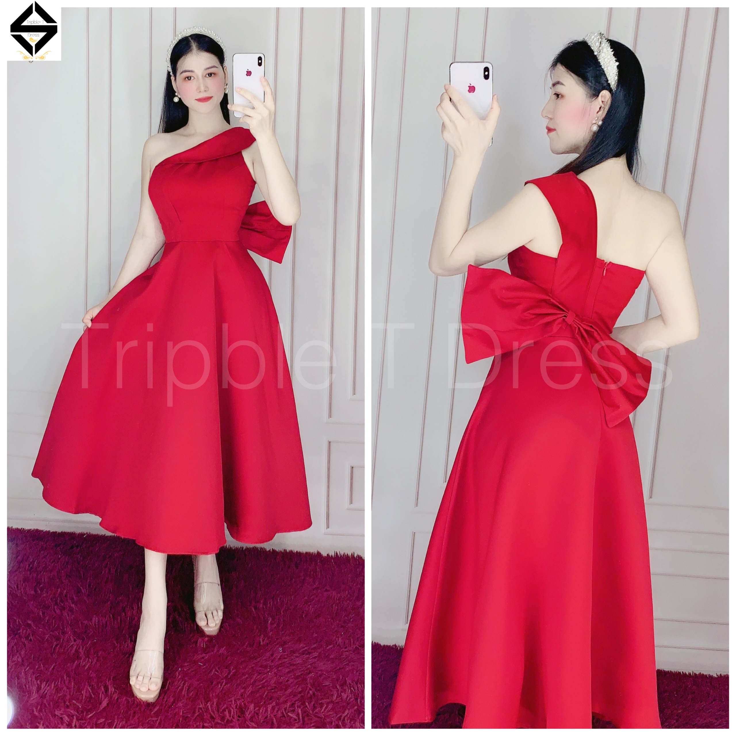 Đầm xoè lệch vai nơ lưng gợi cảm tripble t dress - size m/l - ms161v