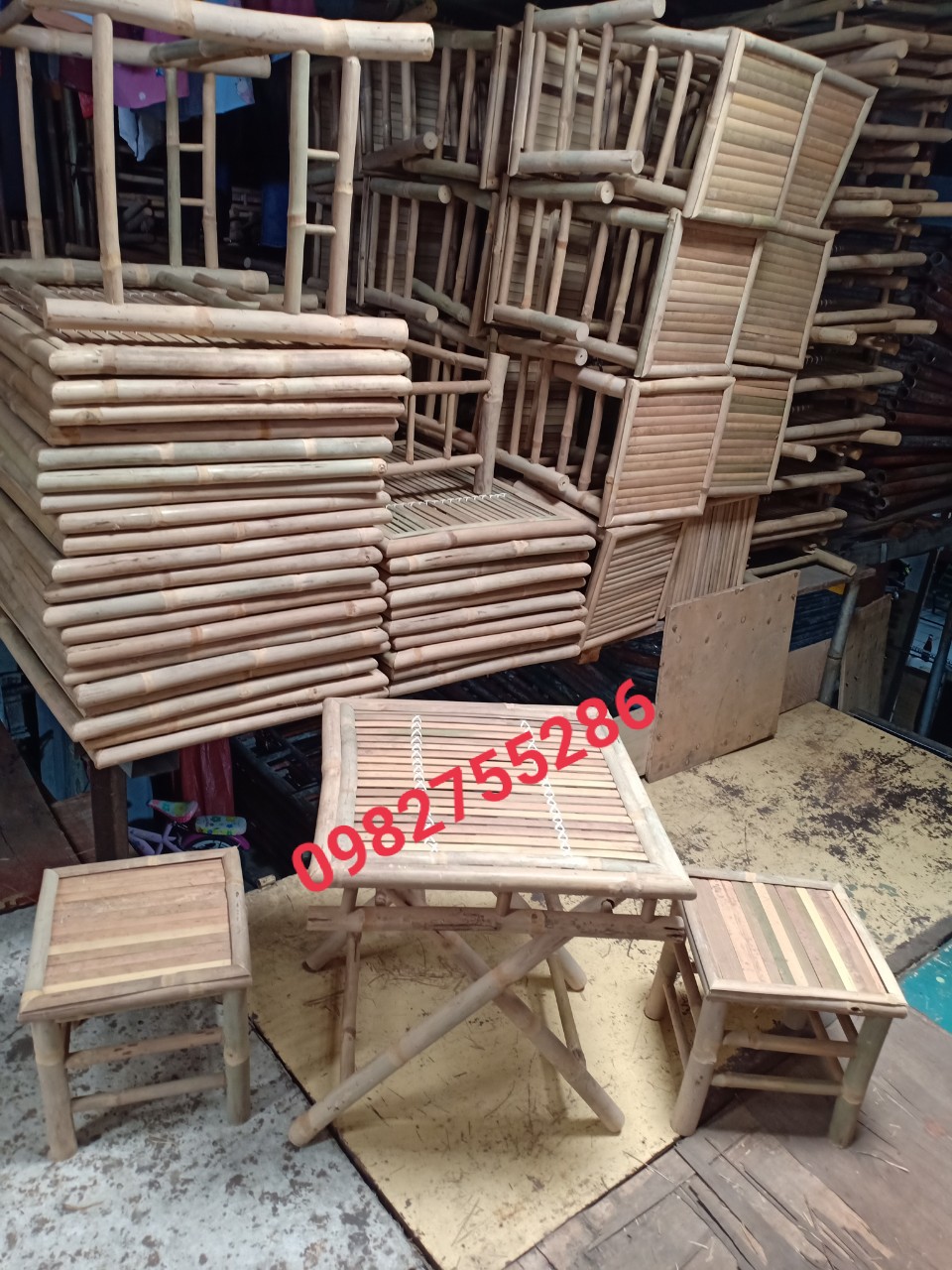 bàn ghế tre, bàn xếp tre + ghế đôn
