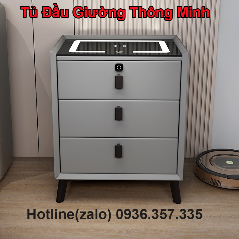  Tủ Đầu Giường Thông Minh Hiện Đại Cảm Biến Khóa Vân Tay Kèm Sạc Điện Thoại Loa Bluetooth - 3 Tầng 