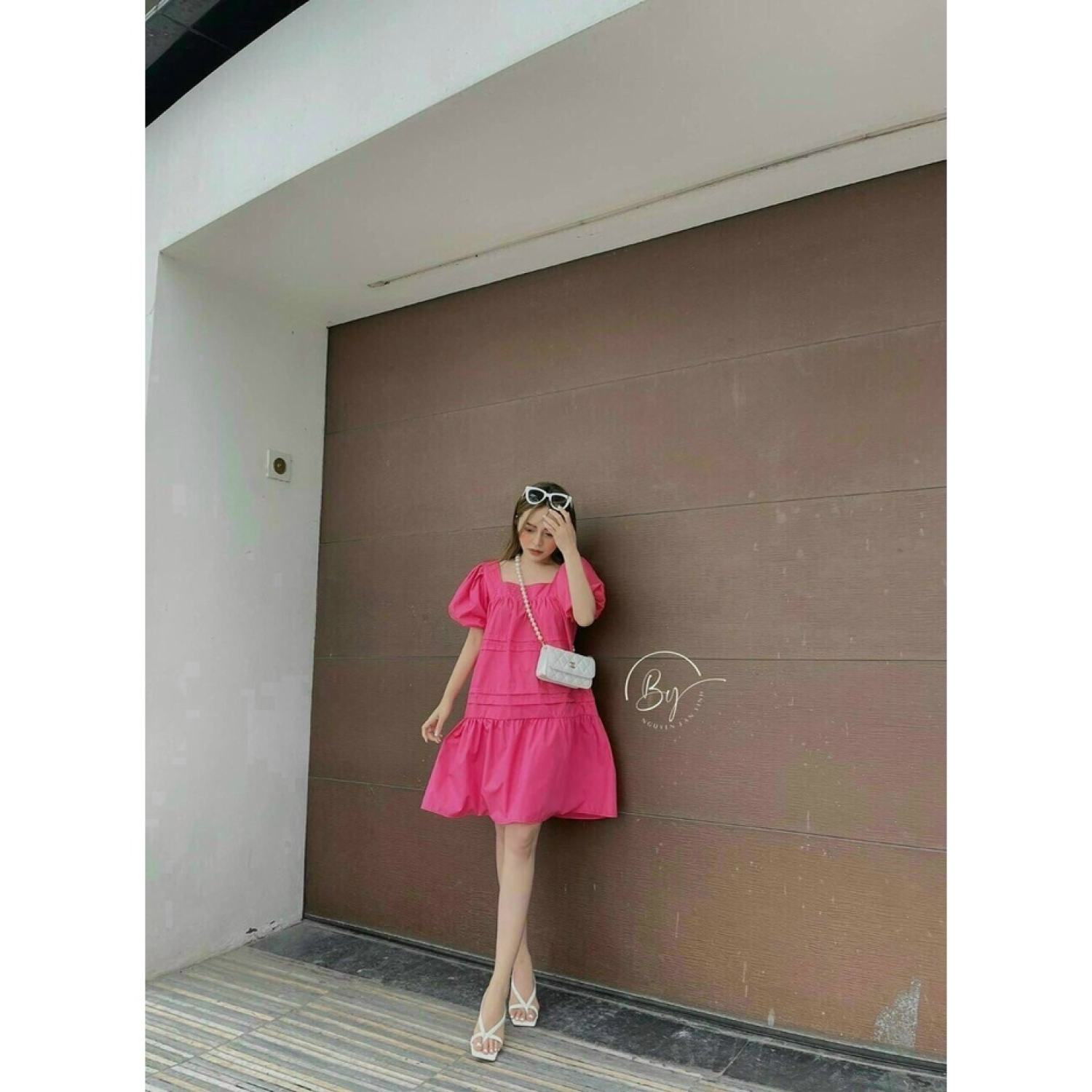 Đầm babydoll xòe nhún tầng cổ vuông xinh xắn dễ thương